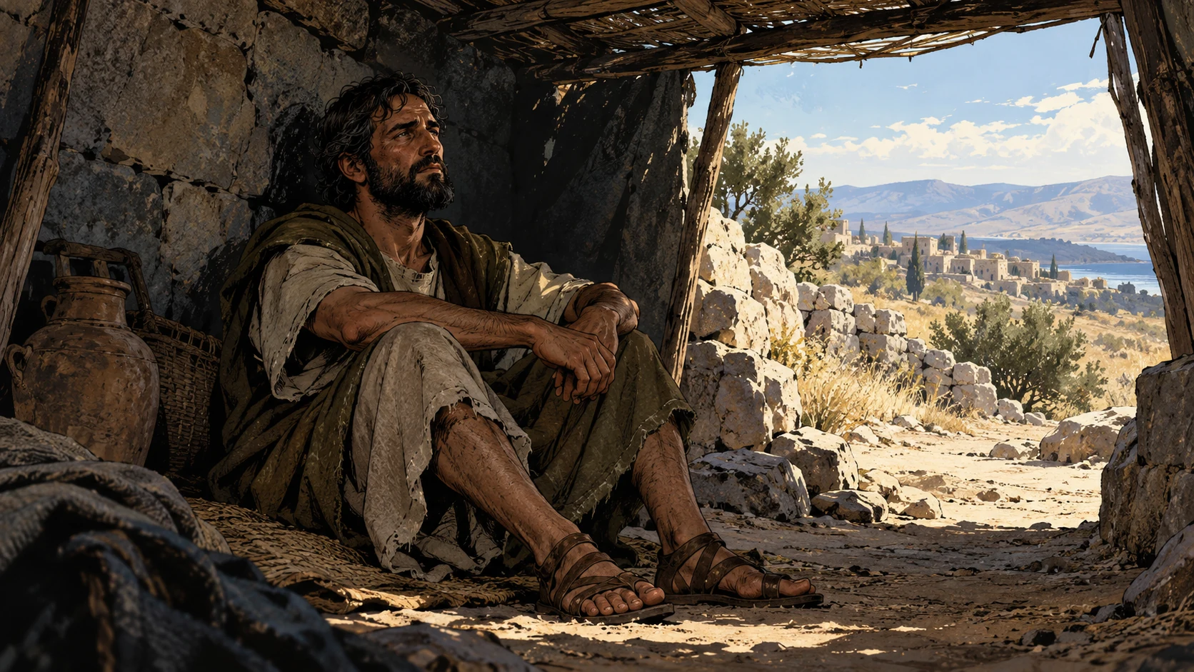 Medium anonymous adult seated beneath a low rough shelter, tired but upright face and intact posture, shadow around the figure and daylight in the distance, no attacker or wound.
