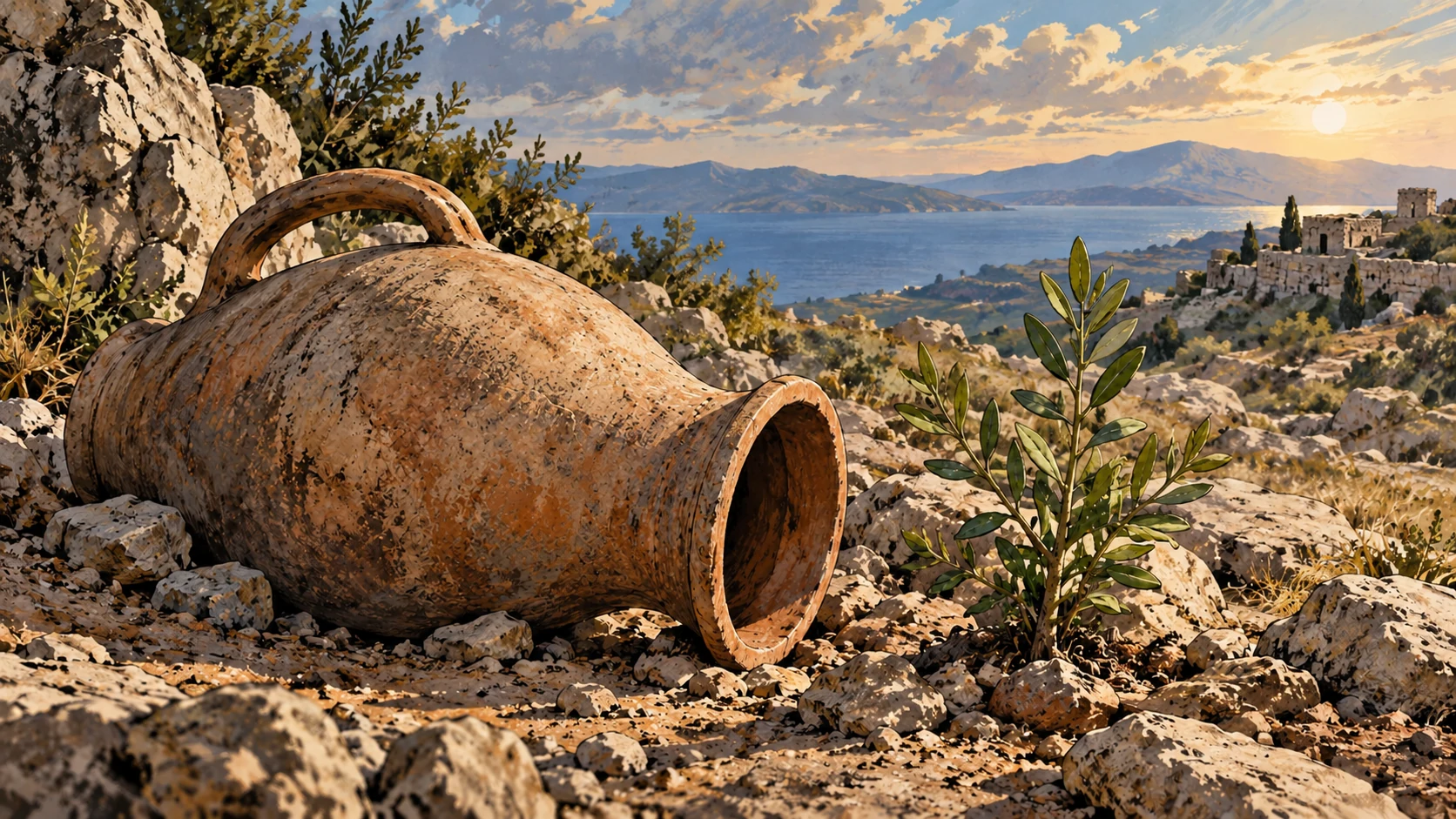 Ground-level symbolic object scene of a toppled but unbroken clay vessel beside an intact small green plant, rocky ground, no injured person or aggressor.