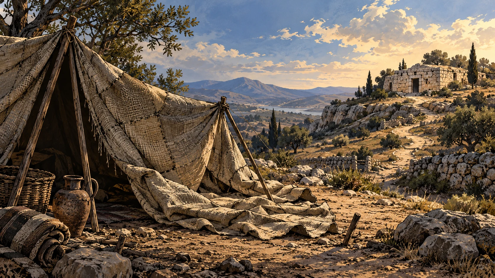 Wide symbolic still life of a weathered plain linen tent partly folded in foreground and a durable unoccupied limestone shelter far beyond, no heaven skyline or divine figure.