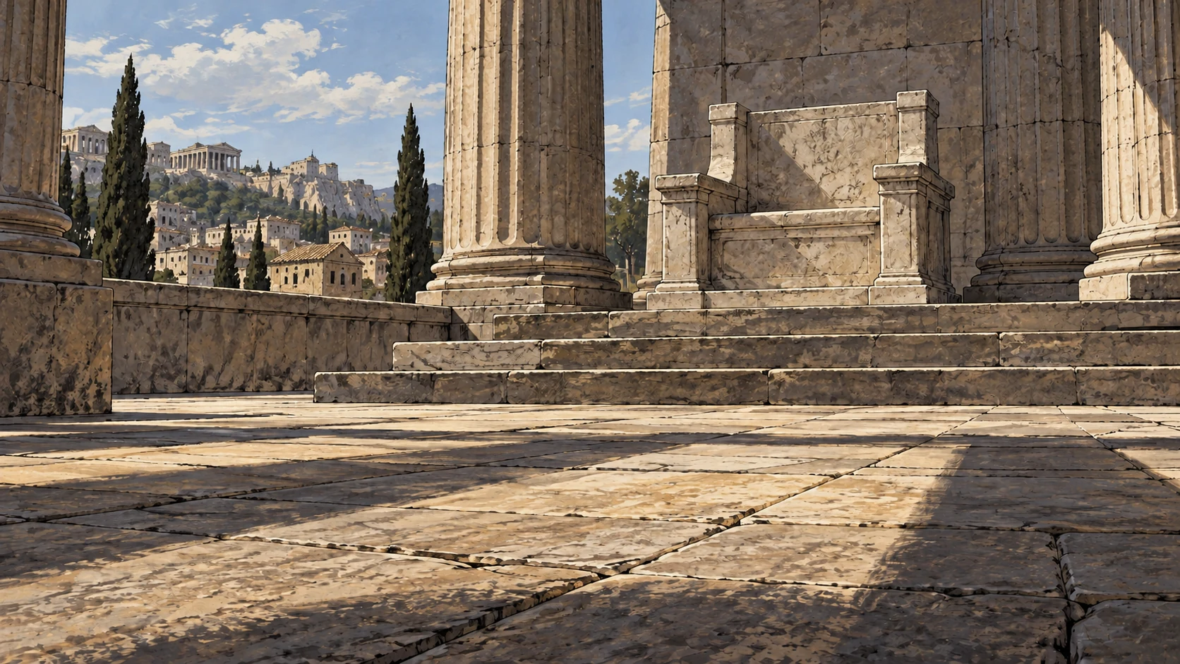 Low wide view of a plain unoccupied ancient stone judicial seat and open empty space before it, solemn daylight, no throne splendor, judge, crowd or divine figure.