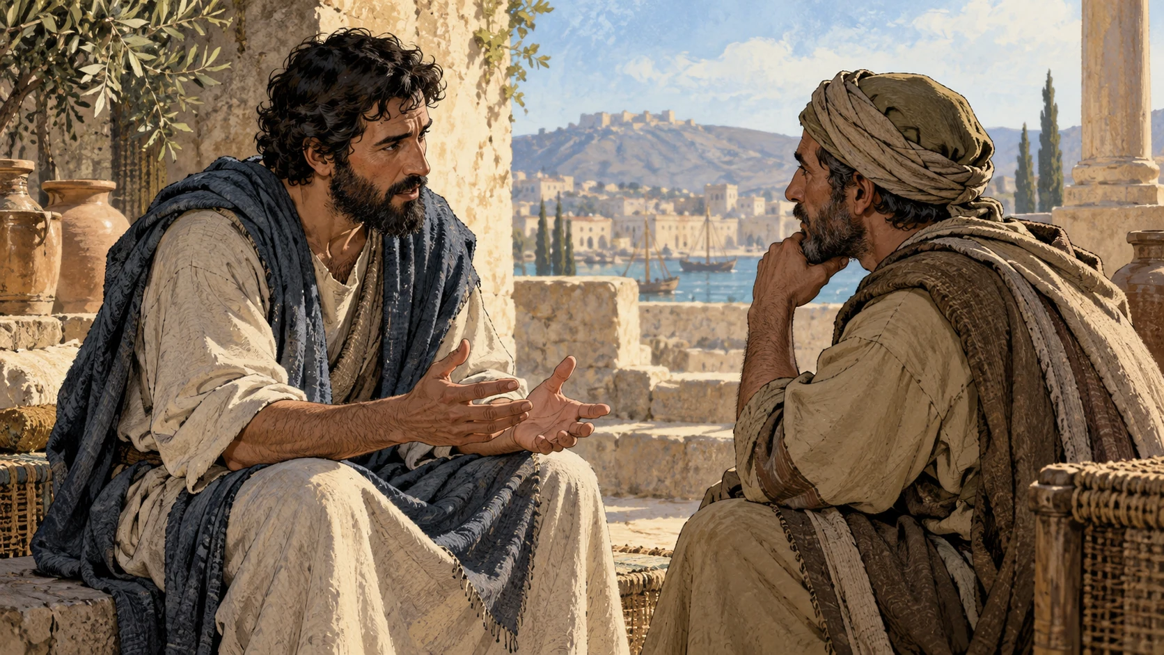 Medium anonymous adult speaking calmly to another adult at equal eye level, humble tunics, thoughtful expressions, no speech text, signs or audience spectacle.