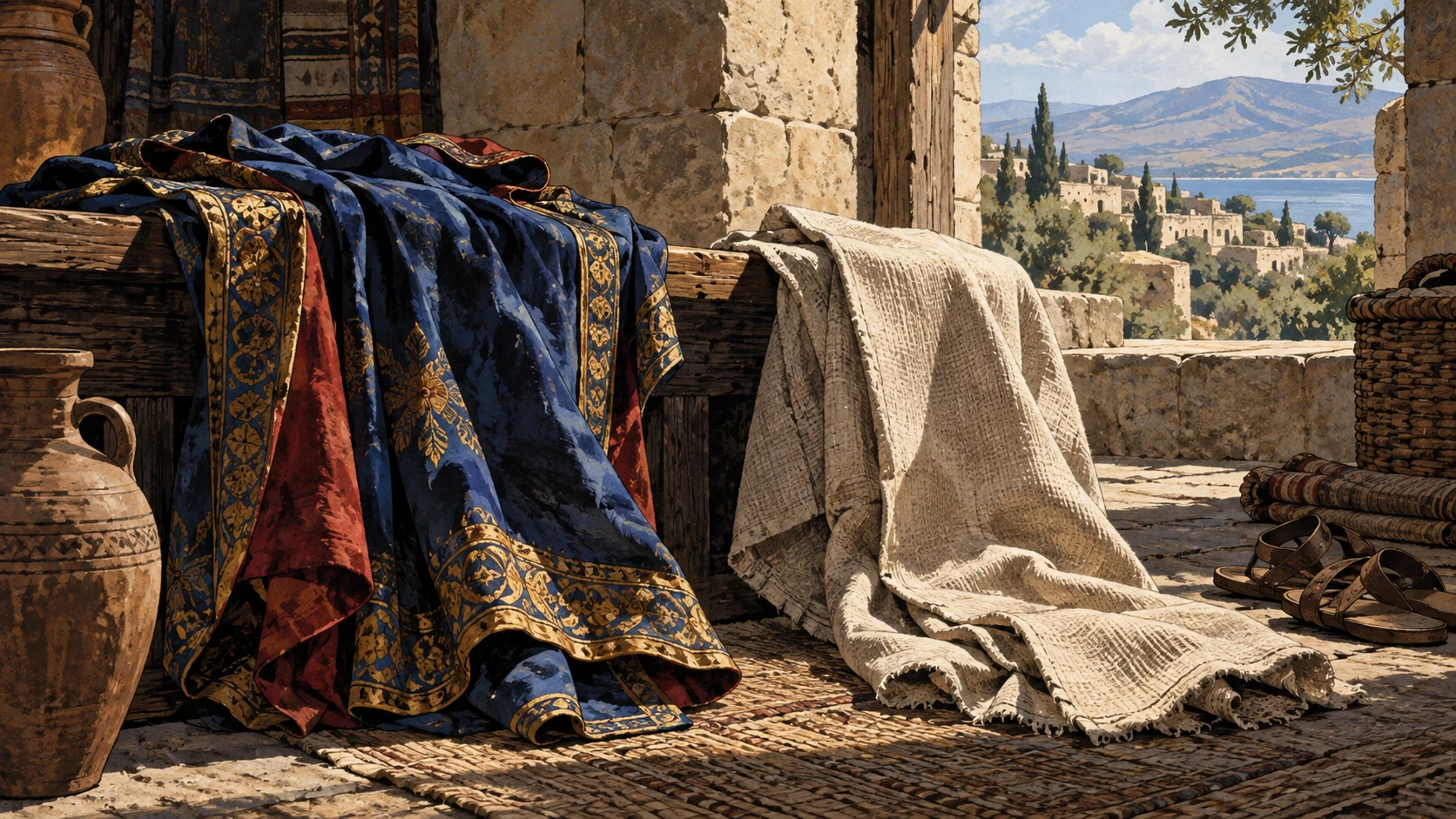 High object view of ornate outer cloth set aside beside a plain linen mantle, natural light, no mirror, person or lettering.