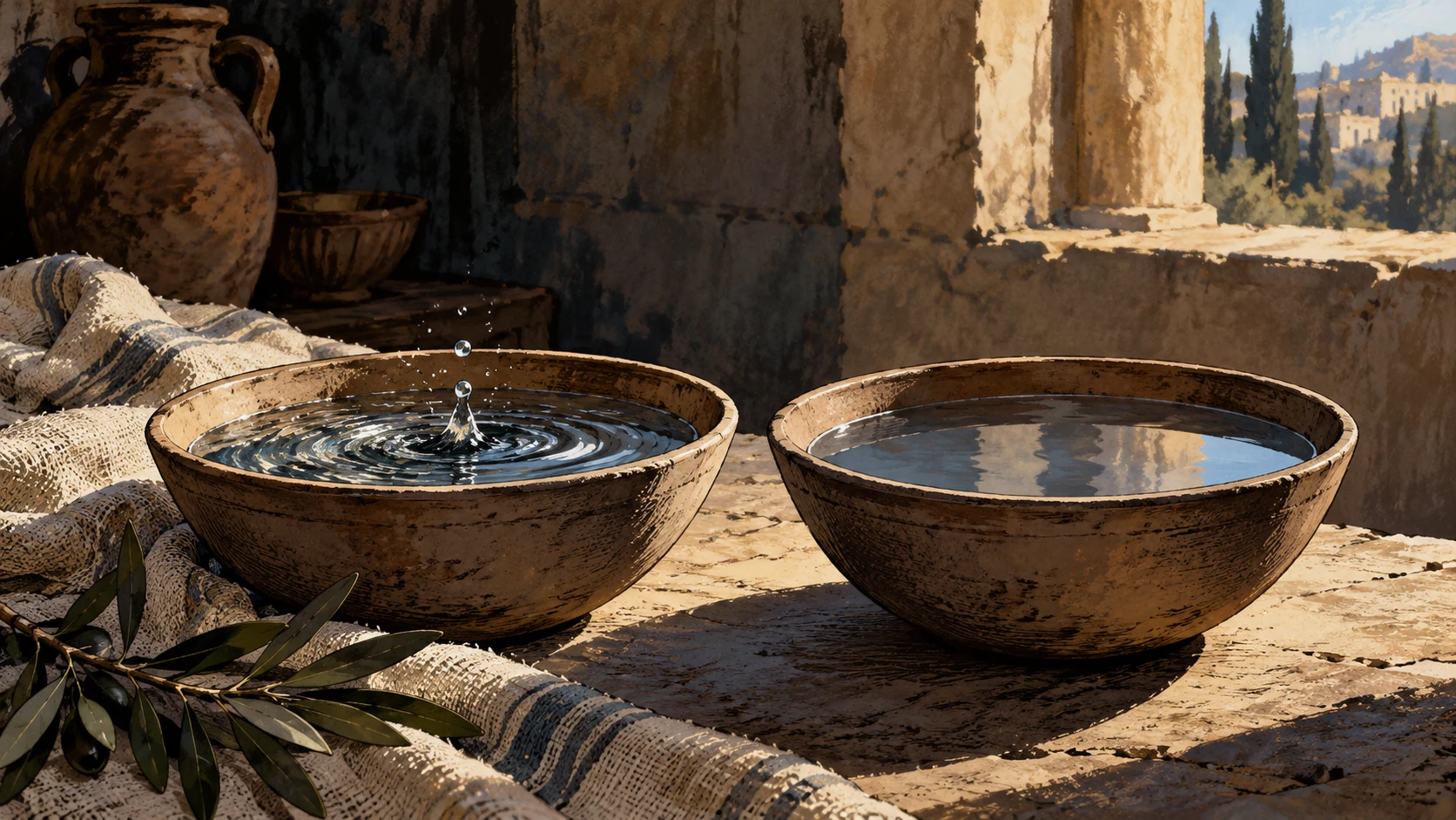 Close symbolic still life of two plain bowls of water, one surface disturbed and the other still, restrained ancient interior, no person or words.