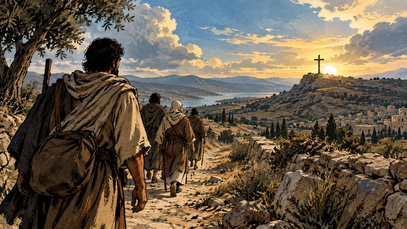 Anonymous travelers on an ordinary path look toward a distant empty wooden cross on a ridge.