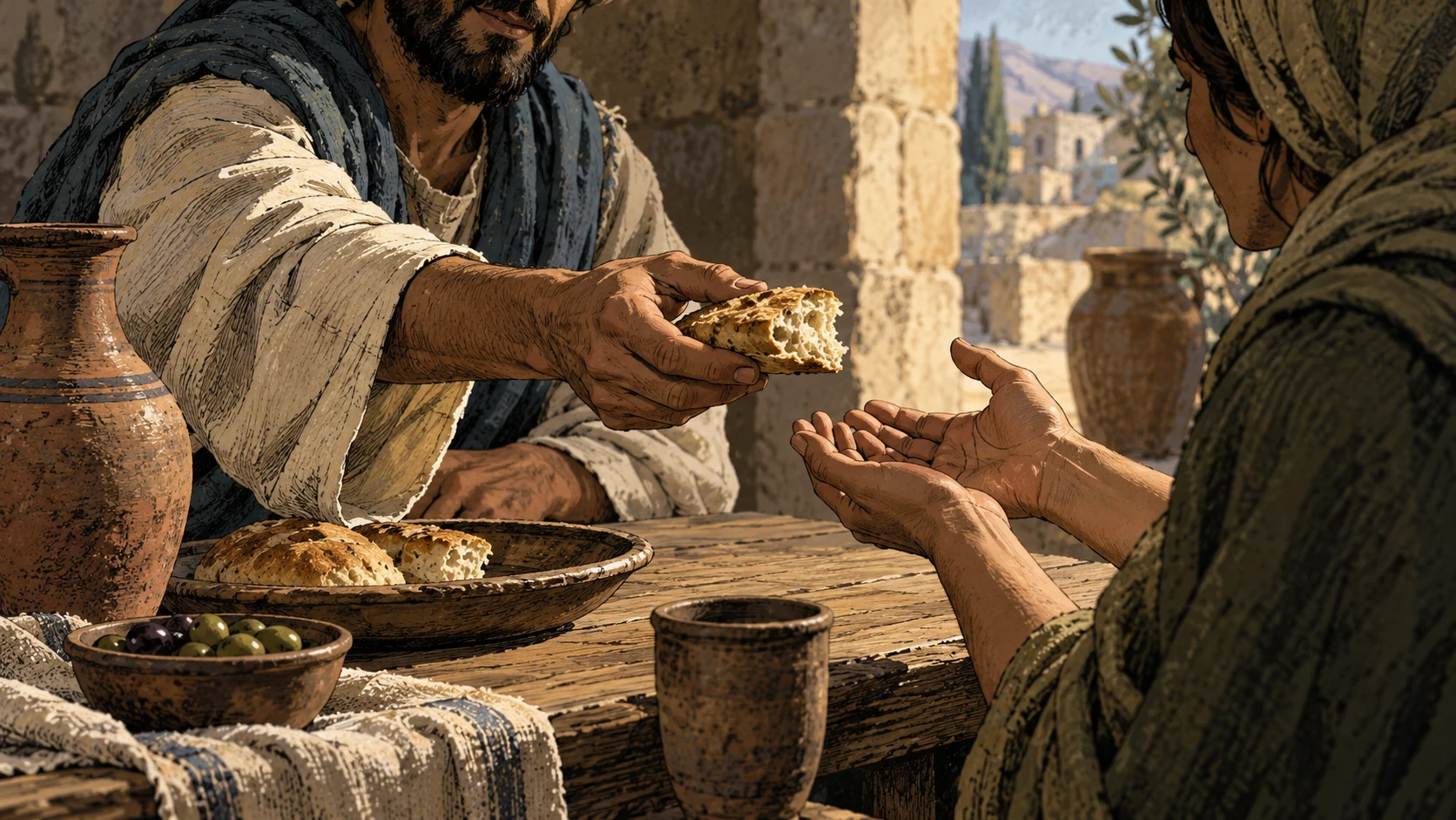 Intimate anonymous adult hands offering bread away from a private plate toward another waiting adult, natural proportions, simple ancient table, no named people or words.