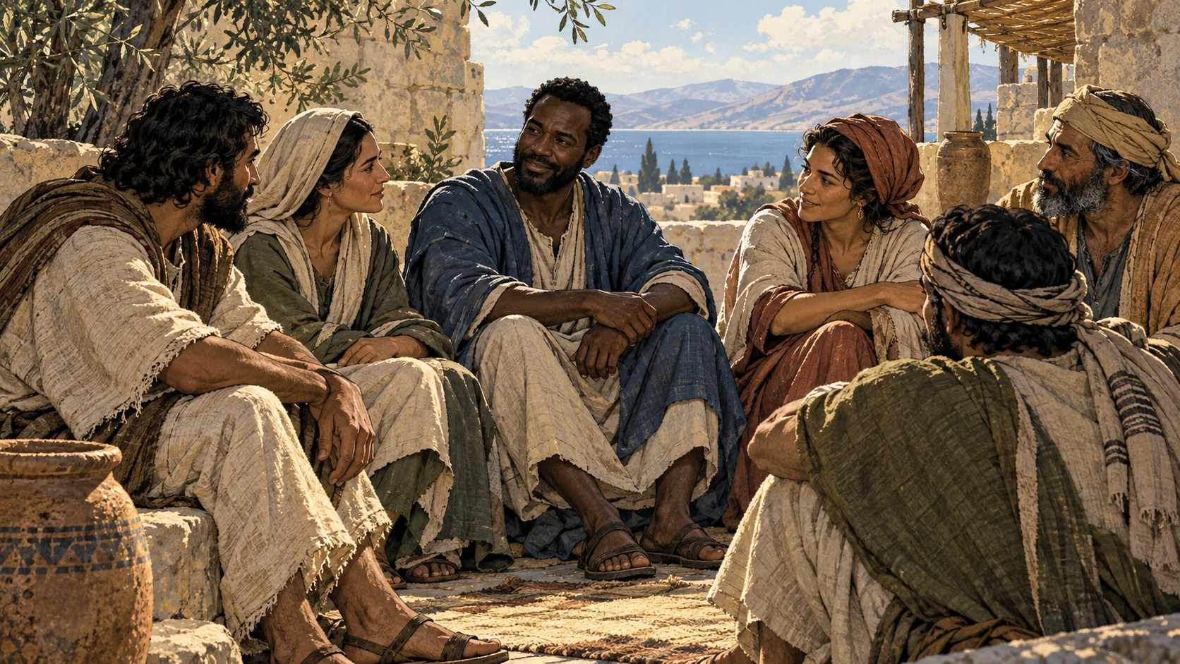 Medium anonymous adults in differing plain ancient clothing sitting together at equal level, dignified faces and open space, no labels, portraits of Messiah or dialogue.