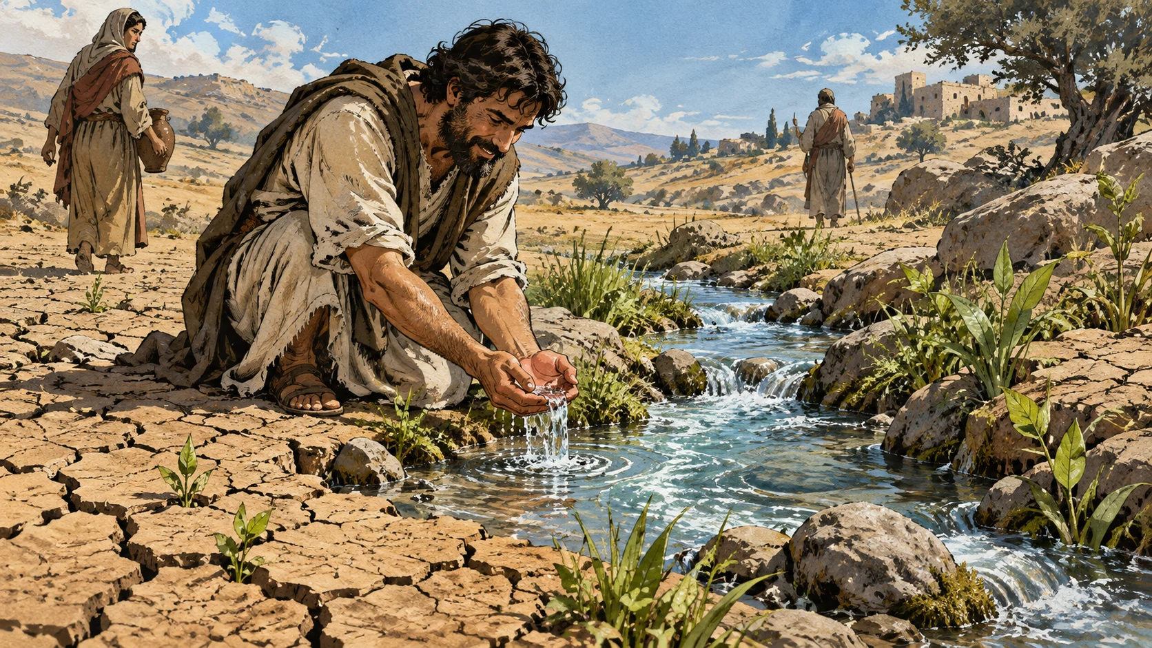 Fresh water and green shoots cross dry cracked ground beside anonymous travelers.
