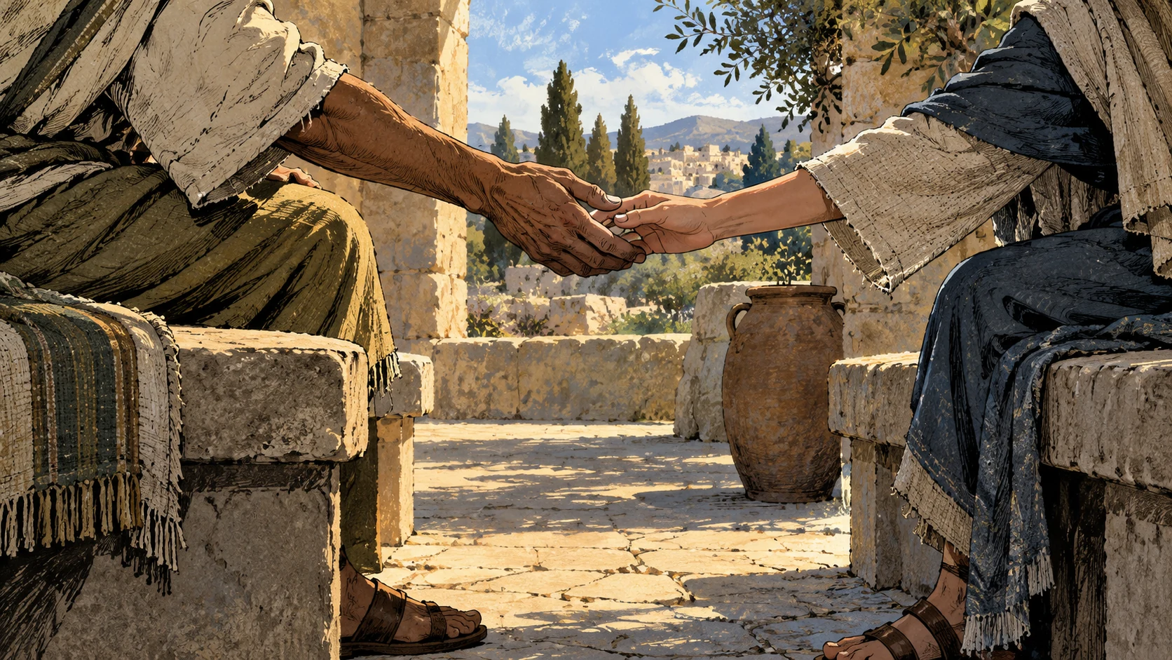 Close anonymous adult hands reaching across a narrow gap between two rough stone benches, fingertips meeting naturally, calm light, no prior quarrel or named identities.
