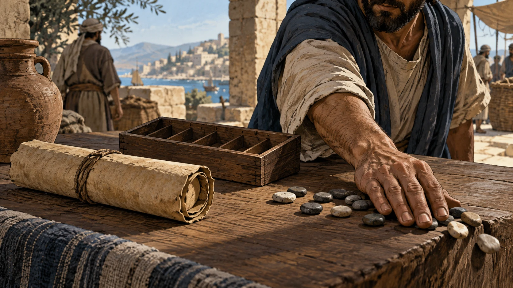 An anonymous human hand moves counting pebbles aside beside a blank papyrus roll and empty tally tray.