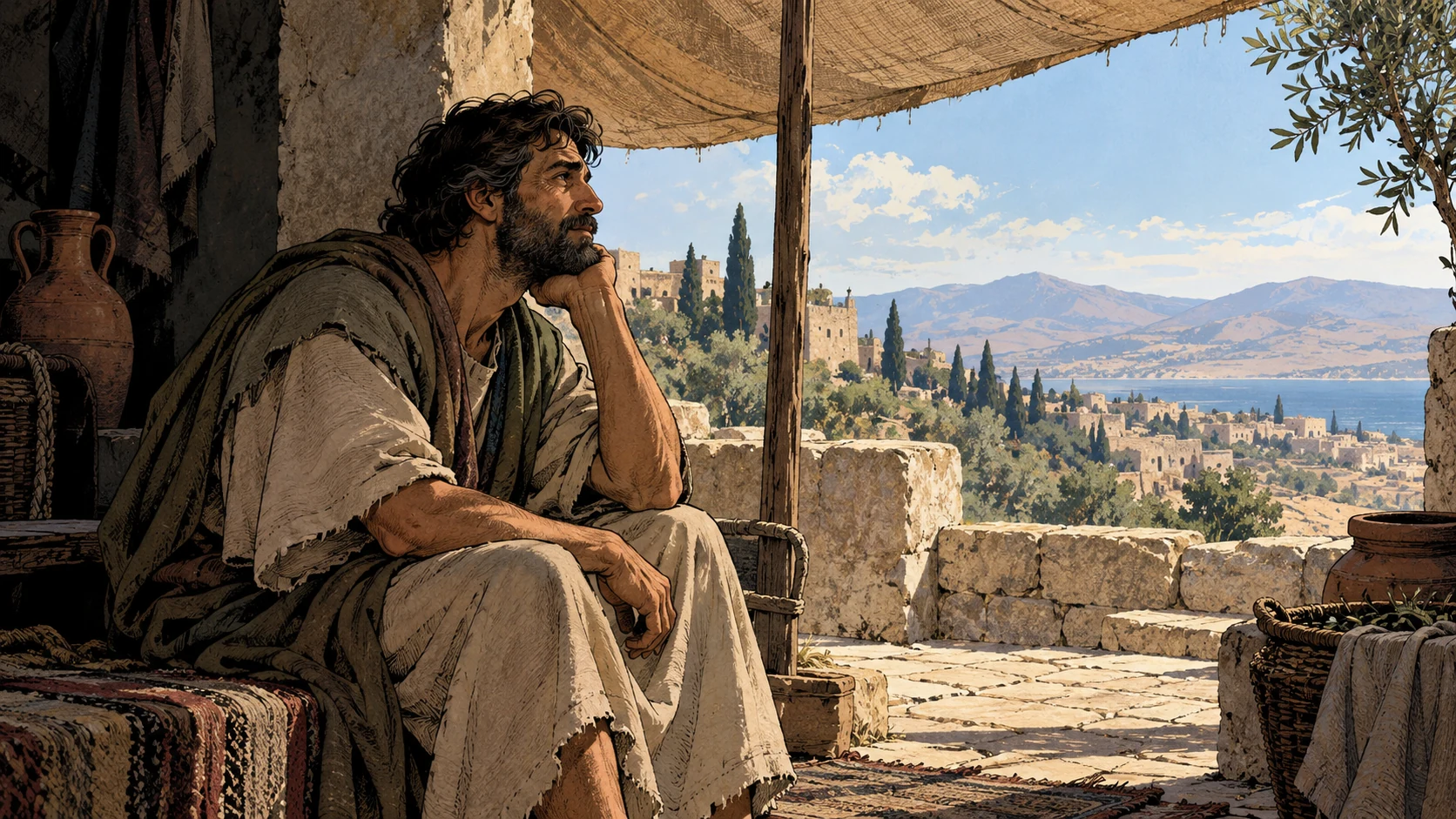 Medium anonymous adult sitting thoughtfully beneath a plain linen awning and looking toward ordinary daylight, tired but hopeful natural face, no supernatural effect or text.