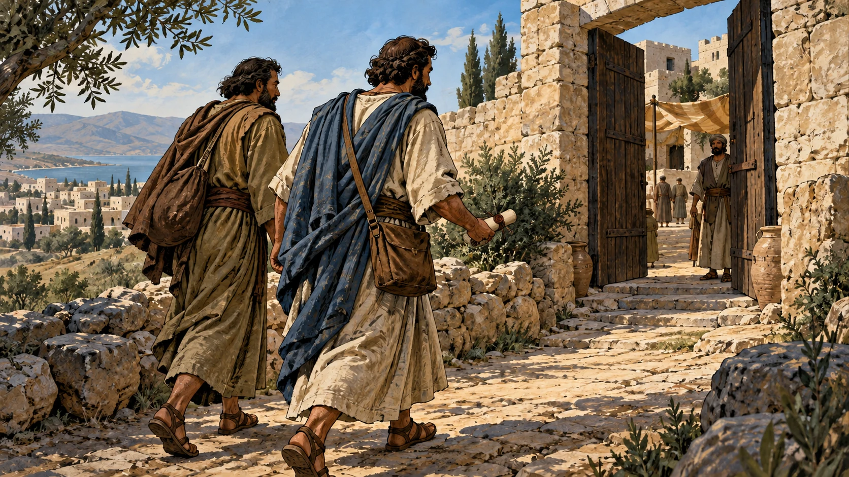 Wide anonymous two adult messengers on an ancient path carrying a plain sealed letter toward an open modest gate, no identified apostles, government insignia or words.