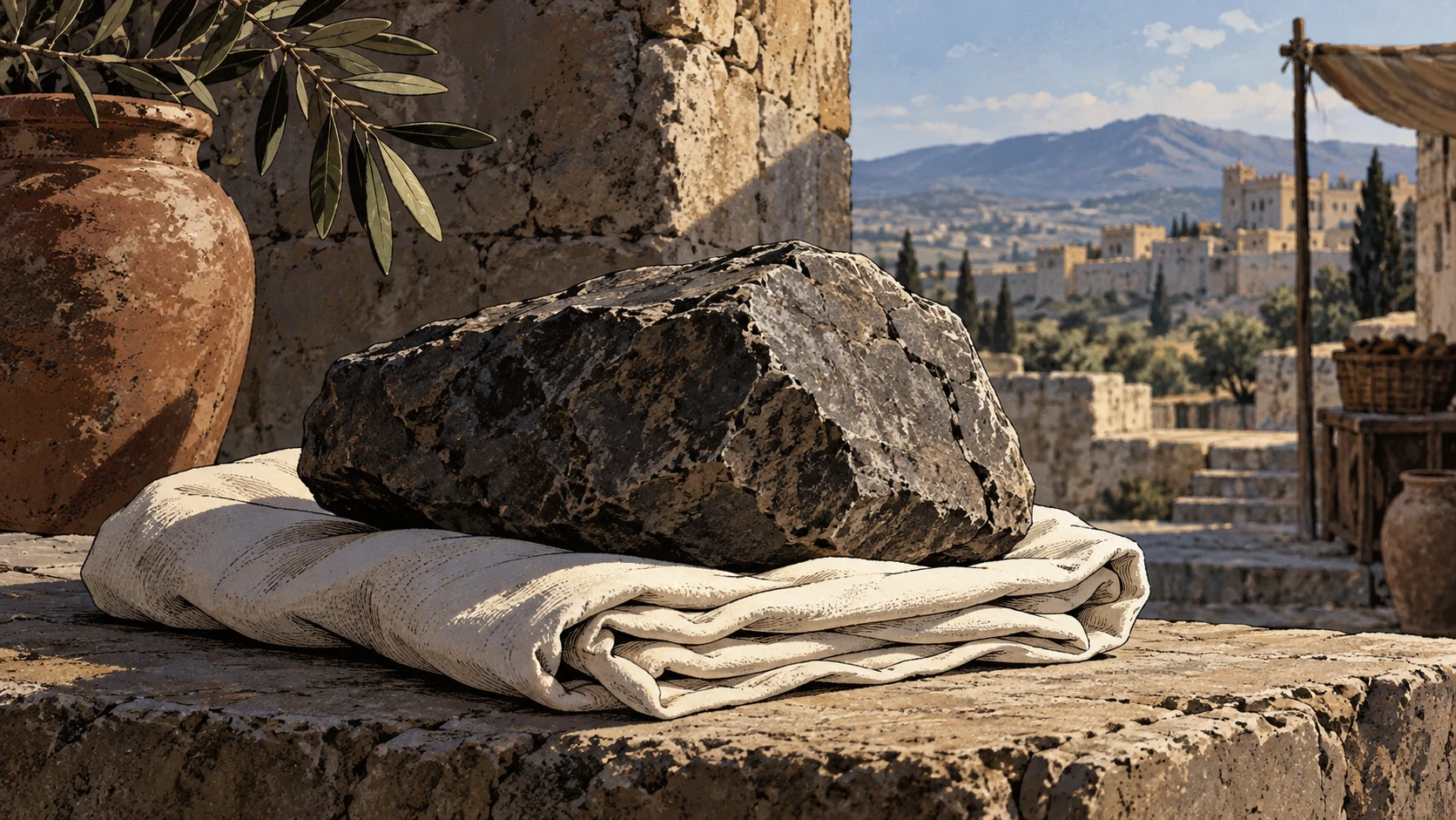 Restrained symbolic still life of a clean pale folded cloth resting beneath a dark heavy stone, ordinary sidelighting, no person, body, punishment or divine action.