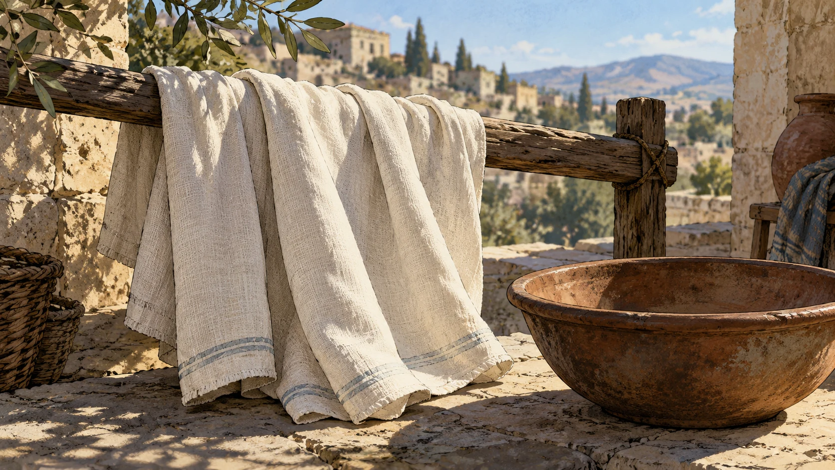 Fresh pale woven cloth hangs on a plain wooden rail beside an empty clay bowl.