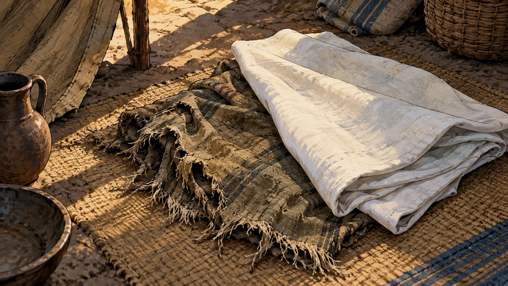 Overhead object composition of a worn frayed mantle partly covered by a larger fresh folded cloth, rough tent fabric set aside, no body or lettering.