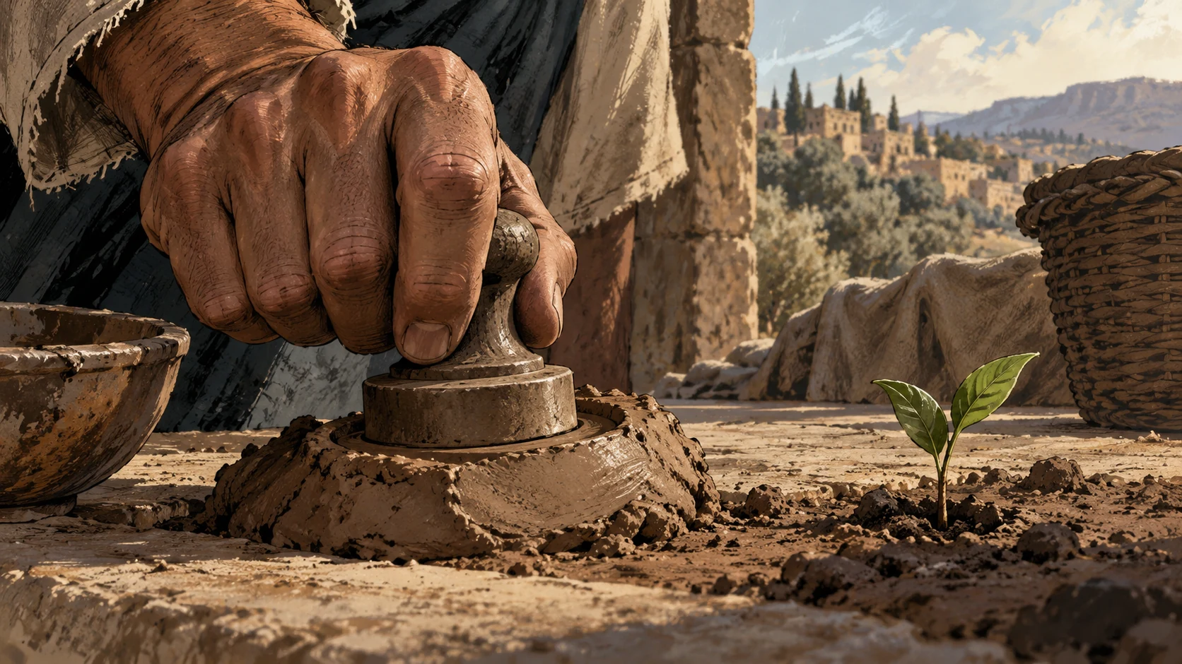 An anonymous human hand presses a plain seal into soft clay beside a small green shoot.