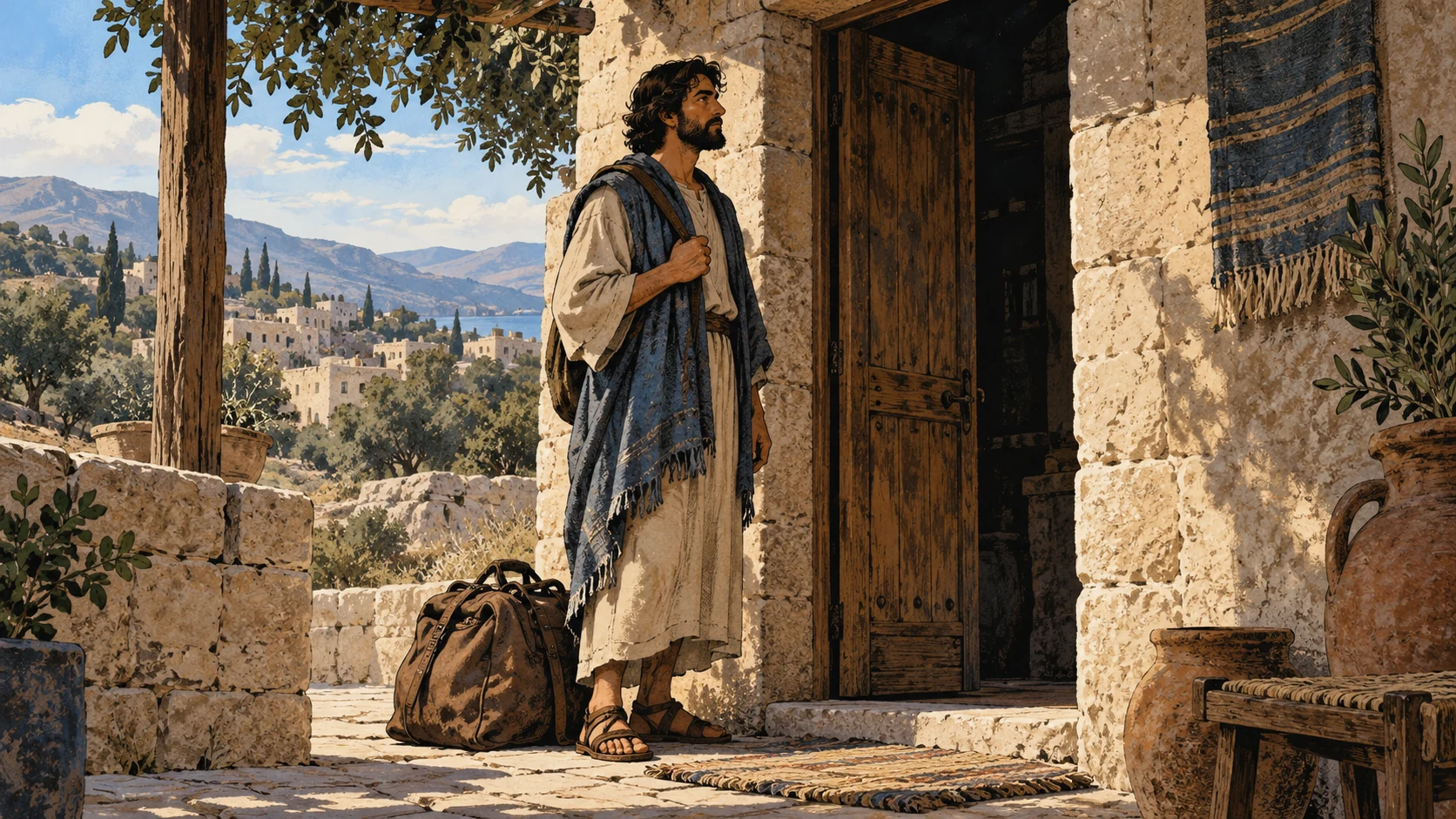 Medium anonymous traveler at the threshold of a modest limestone home with travel bag set beside the door, calm reflective face, no departure event or deity.