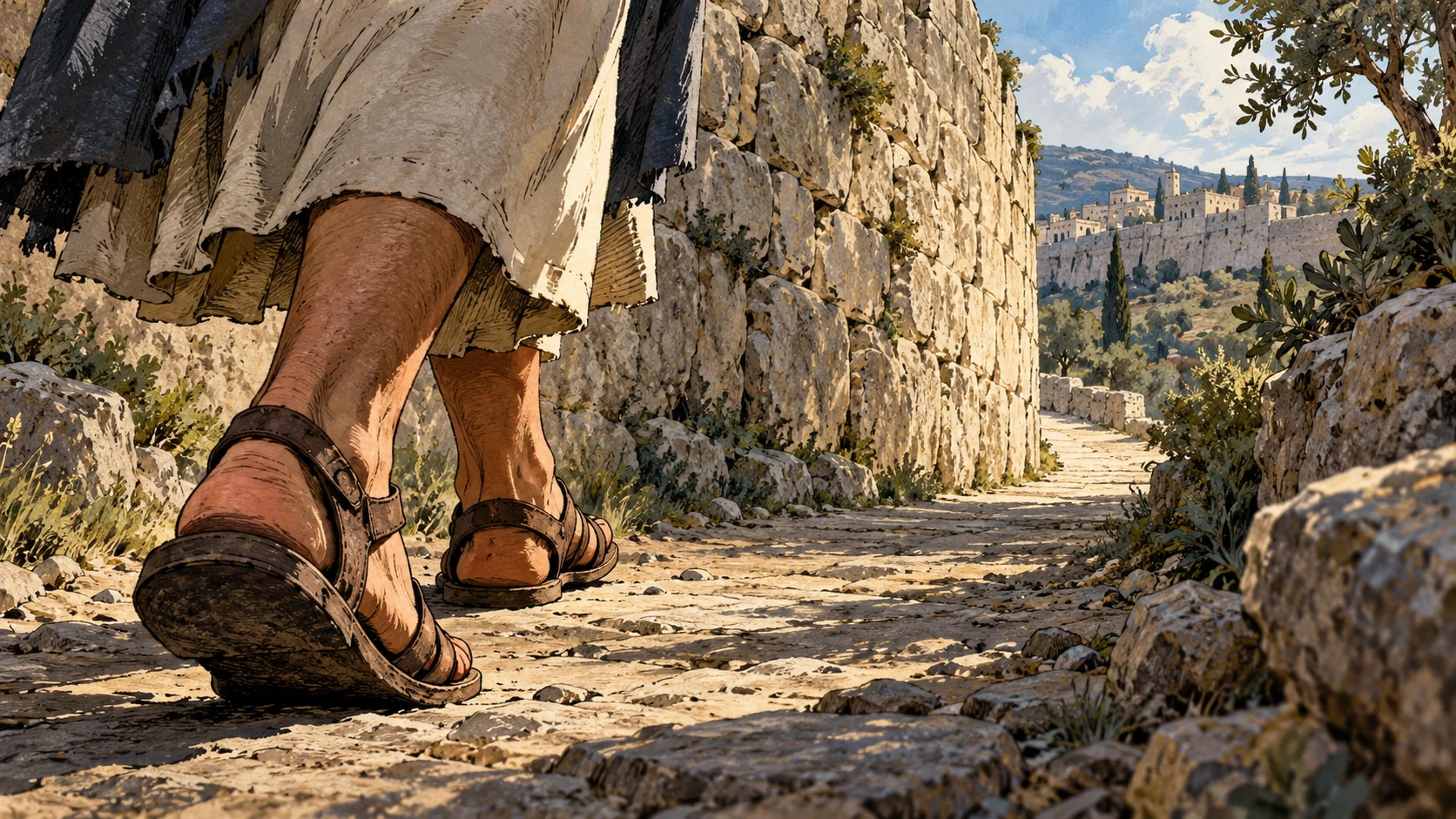 Ground-level view of anonymous sandaled adult feet taking a careful step along a path whose bend is hidden beyond a limestone wall, no blindfold or supernatural light.