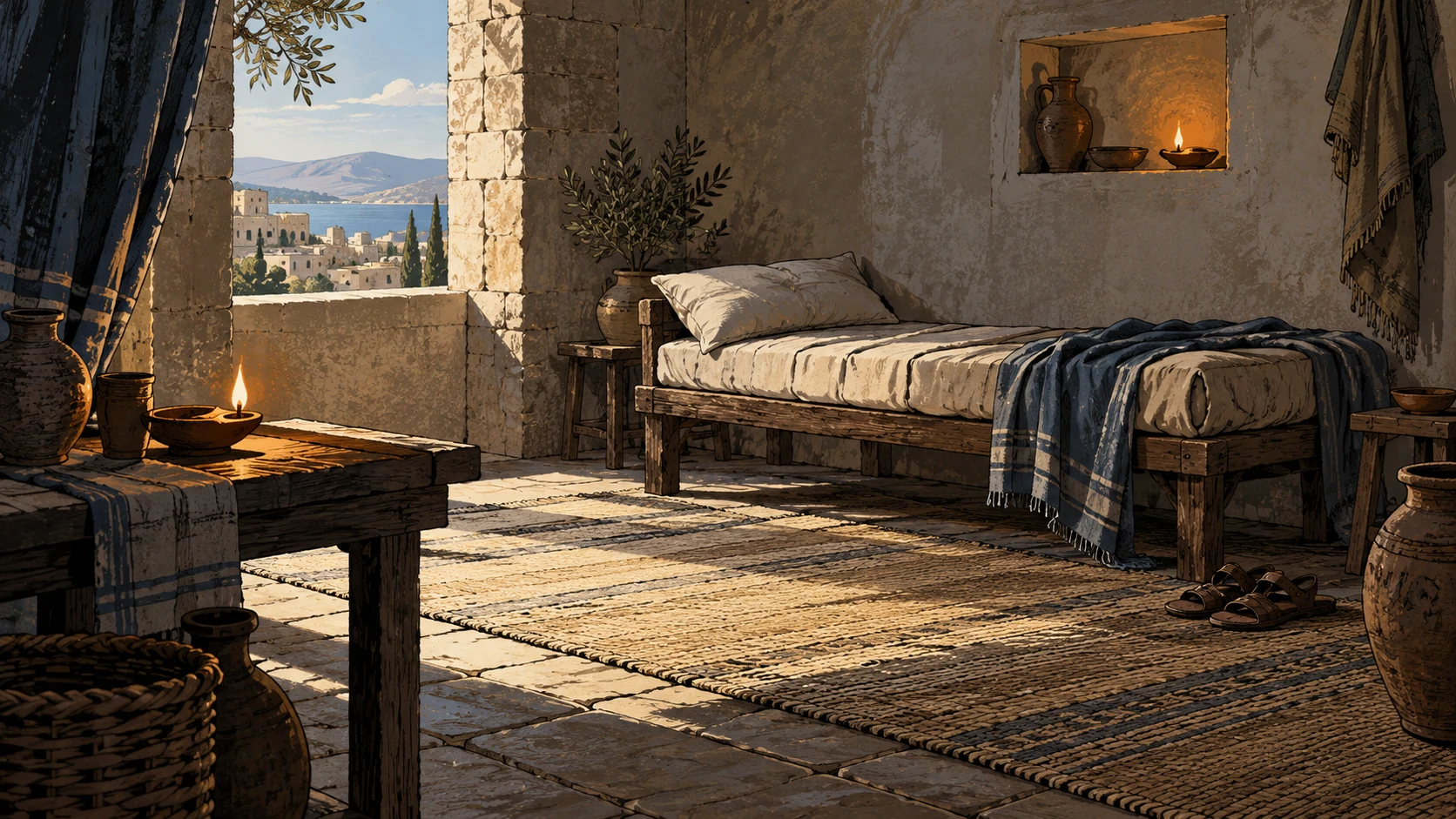 High wide view into a quiet empty ancient resting room with a prepared plain couch and ordinary lit lamp, soft daylight, no person, divine figure or heaven architecture.