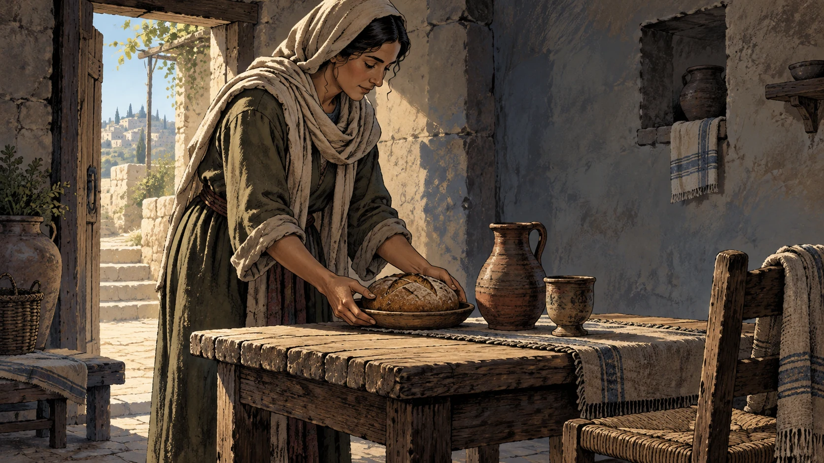 Medium anonymous adult quietly arranging a modest gift of bread and water on an empty table for another, attentive natural hands, humble interior.