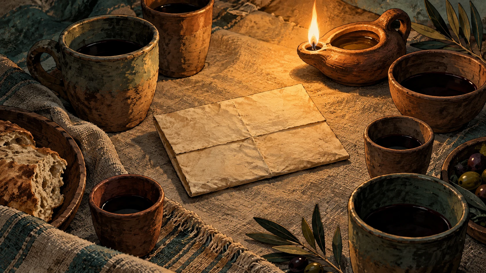 A blank folded parchment lies among clay cups, bread, and a lit oil lamp on rough cloth.