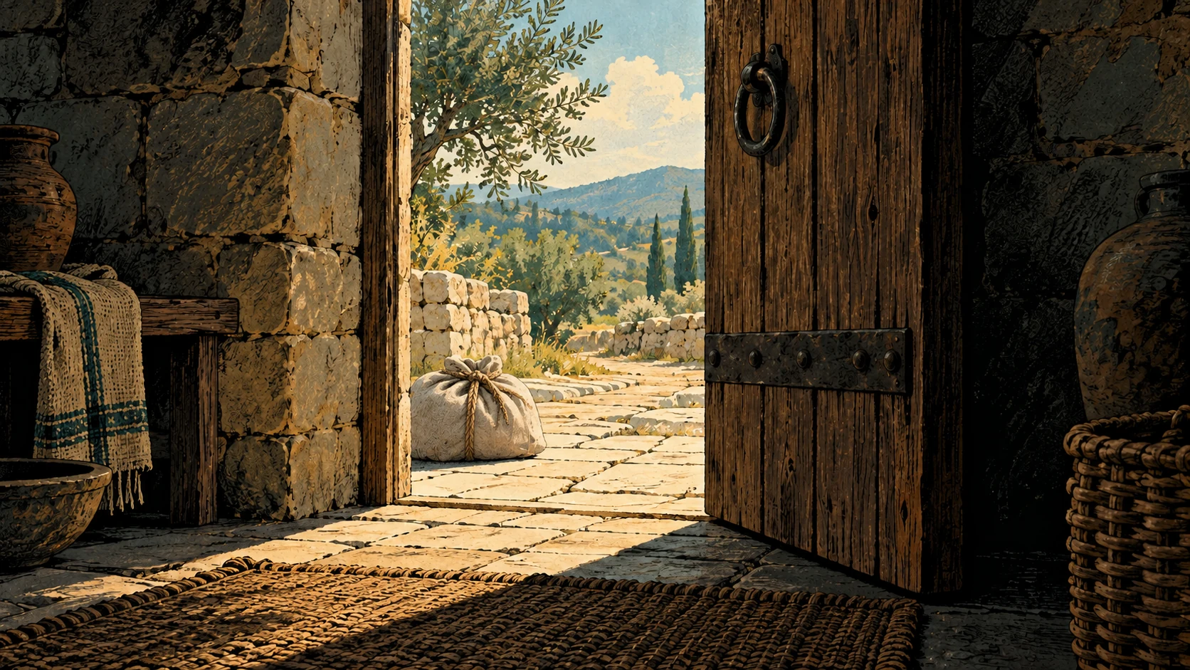 A partly closed wooden door frames an empty threshold with a tied linen bundle outside.