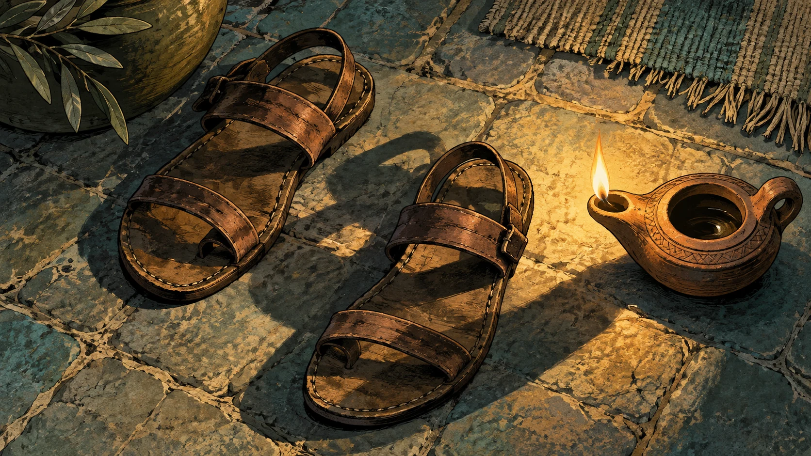 A pair of leather sandals and a clay oil lamp cast overlapping shadows on stone.