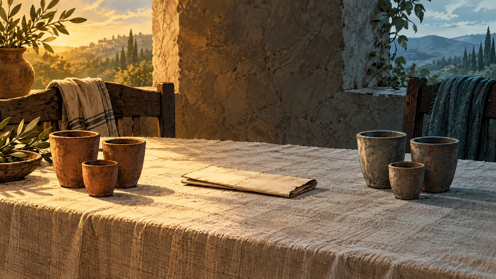 Two clusters of clay cups stand around a blank folded letter on a long cloth-covered table.