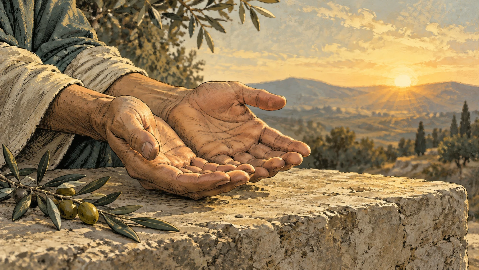 Two open anonymous hands rest above a stone ledge beside an olive branch in dawn light.