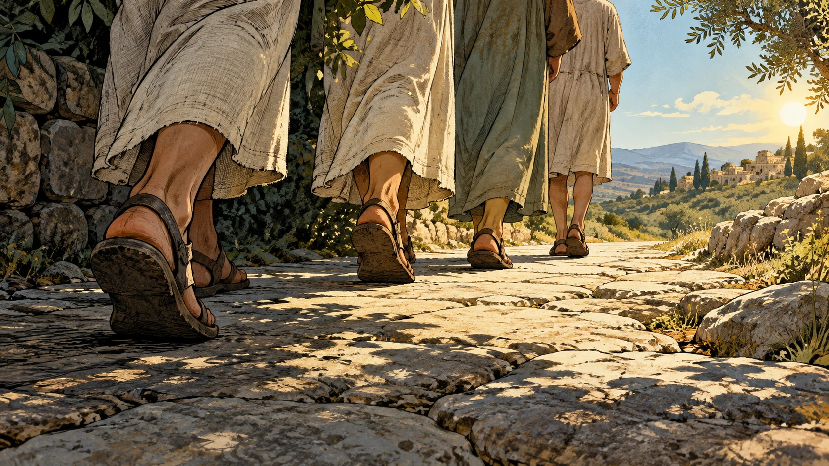 Anonymous sandaled feet walk along a stone path into daylight.