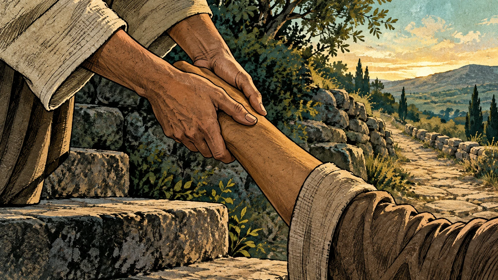 Two anonymous hands steady another person's forearm beside stone steps and a path.