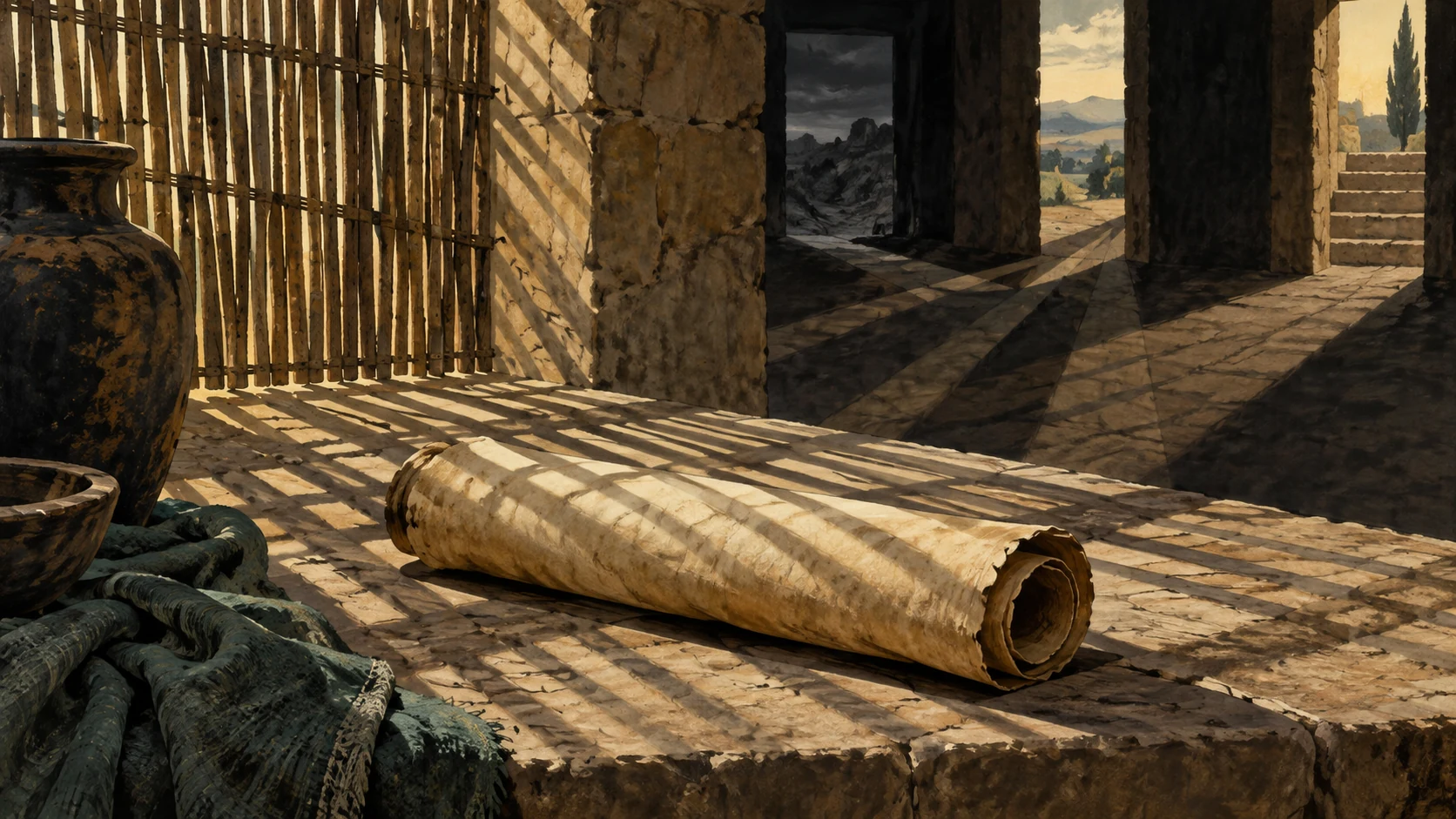 A blank rolled parchment lies across shadows from a reed screen on a stone table.