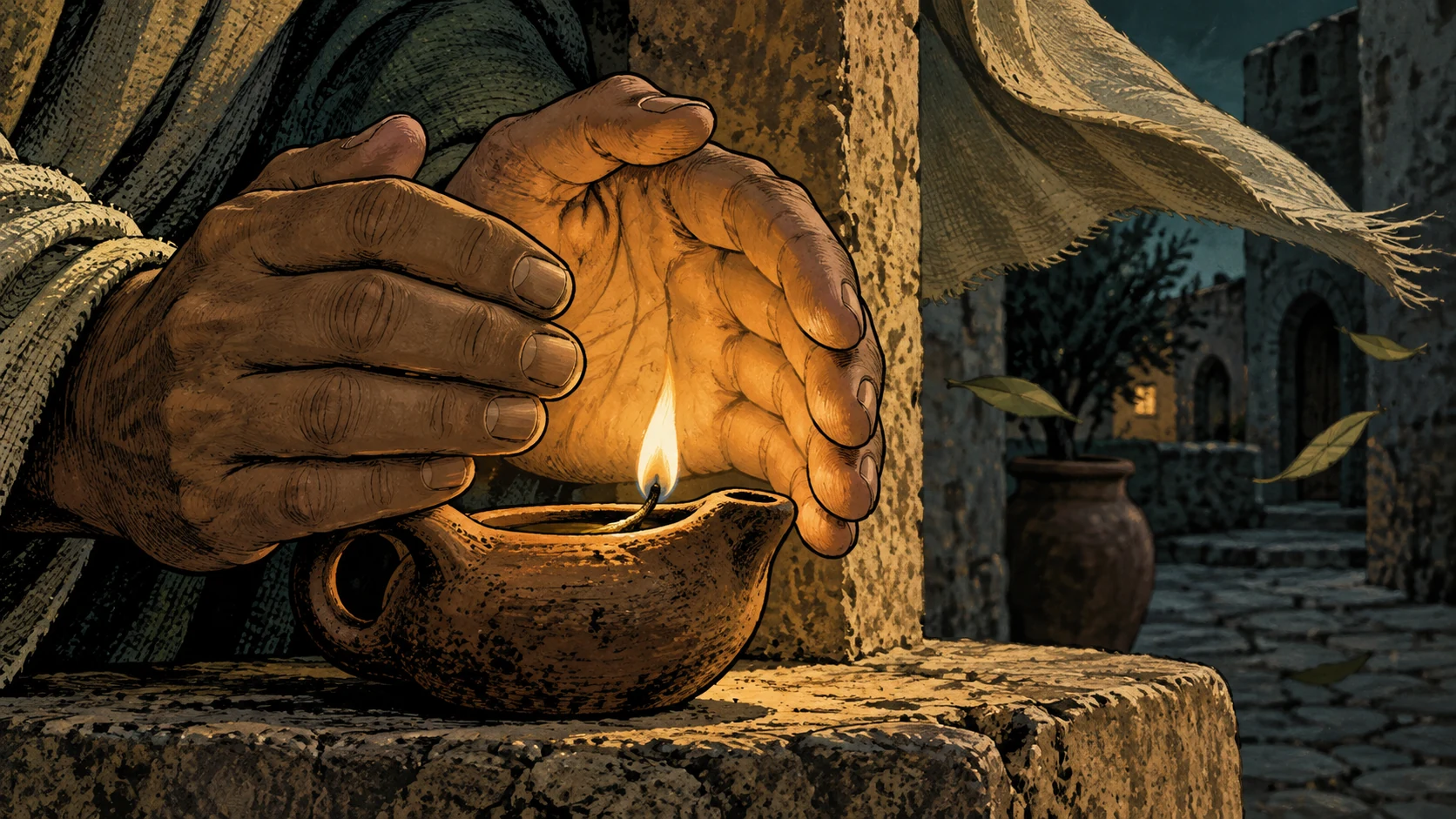Anonymous hands shield a small burning clay oil lamp in a shaded courtyard.