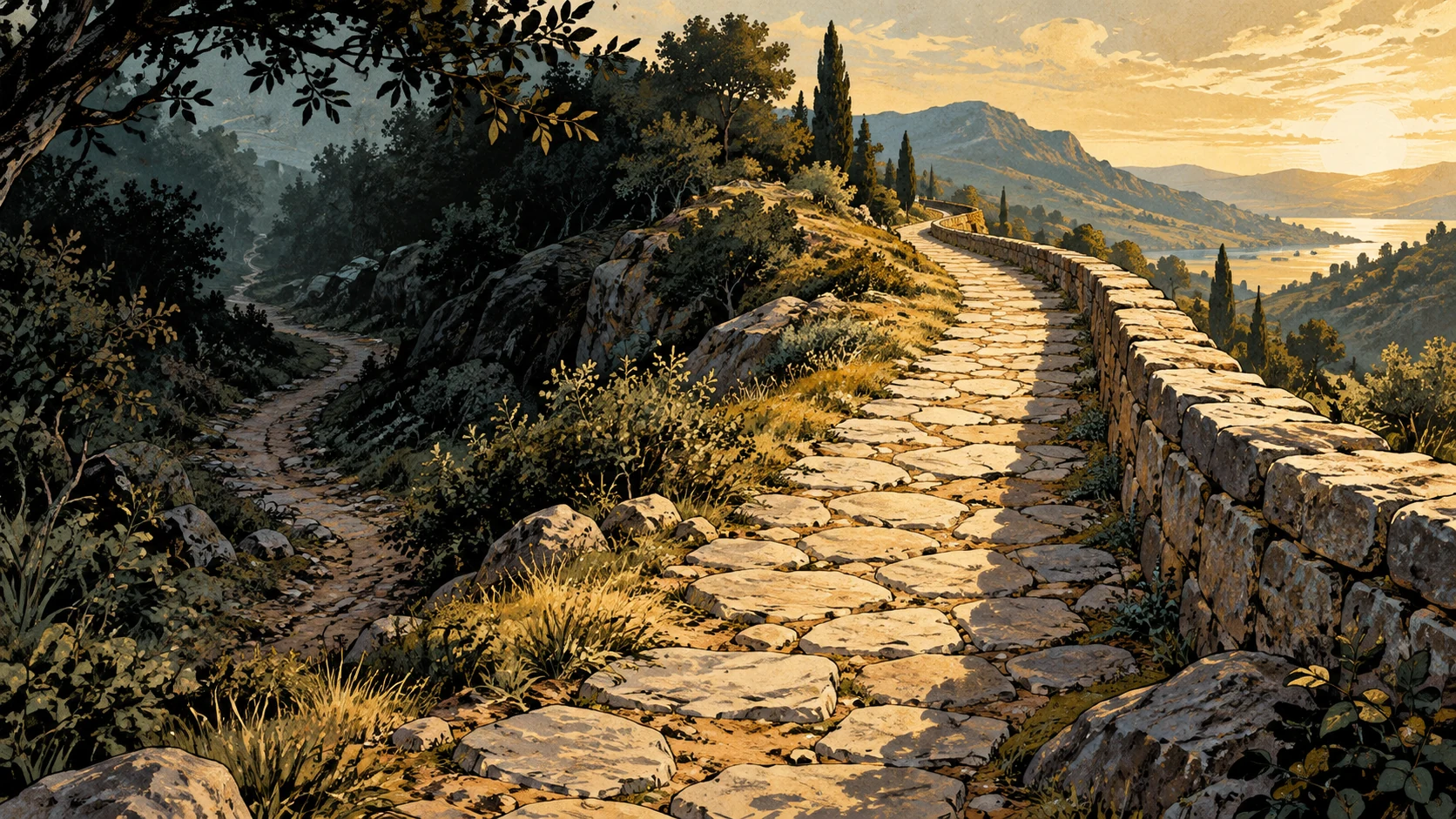 A broad stone path follows a low wall while a narrow track curves into shade.