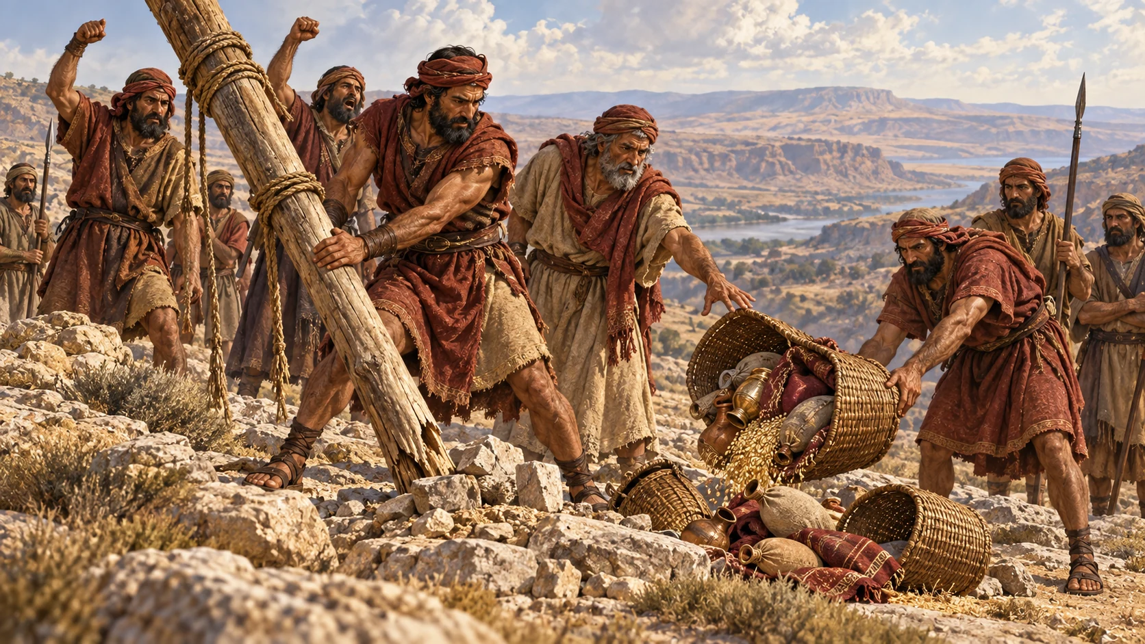 Moabite leaders cast aside Israelite tribute on a rugged plateau.