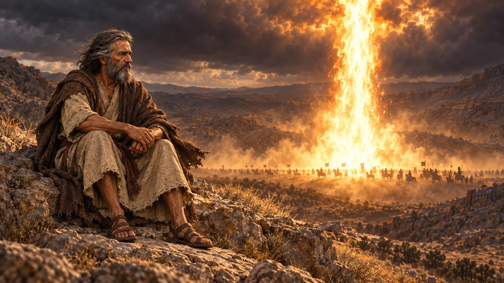 Elijah watches from the hill as heavenly fire descends in the distance.