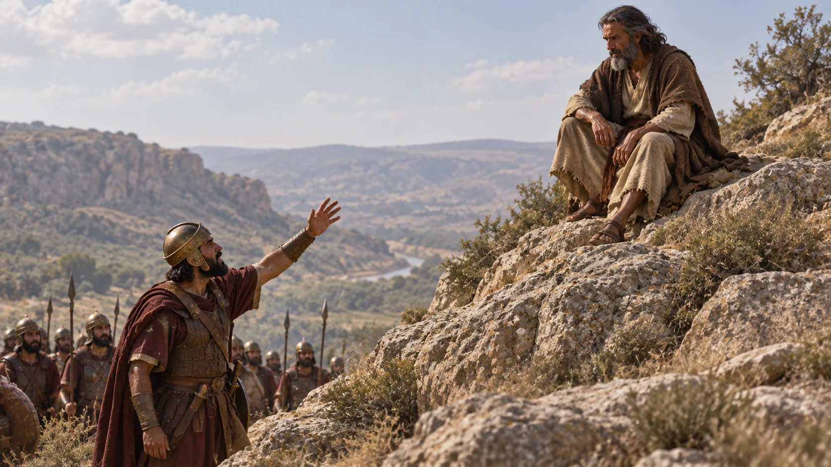 A second captain urgently commands Elijah from below the hilltop.