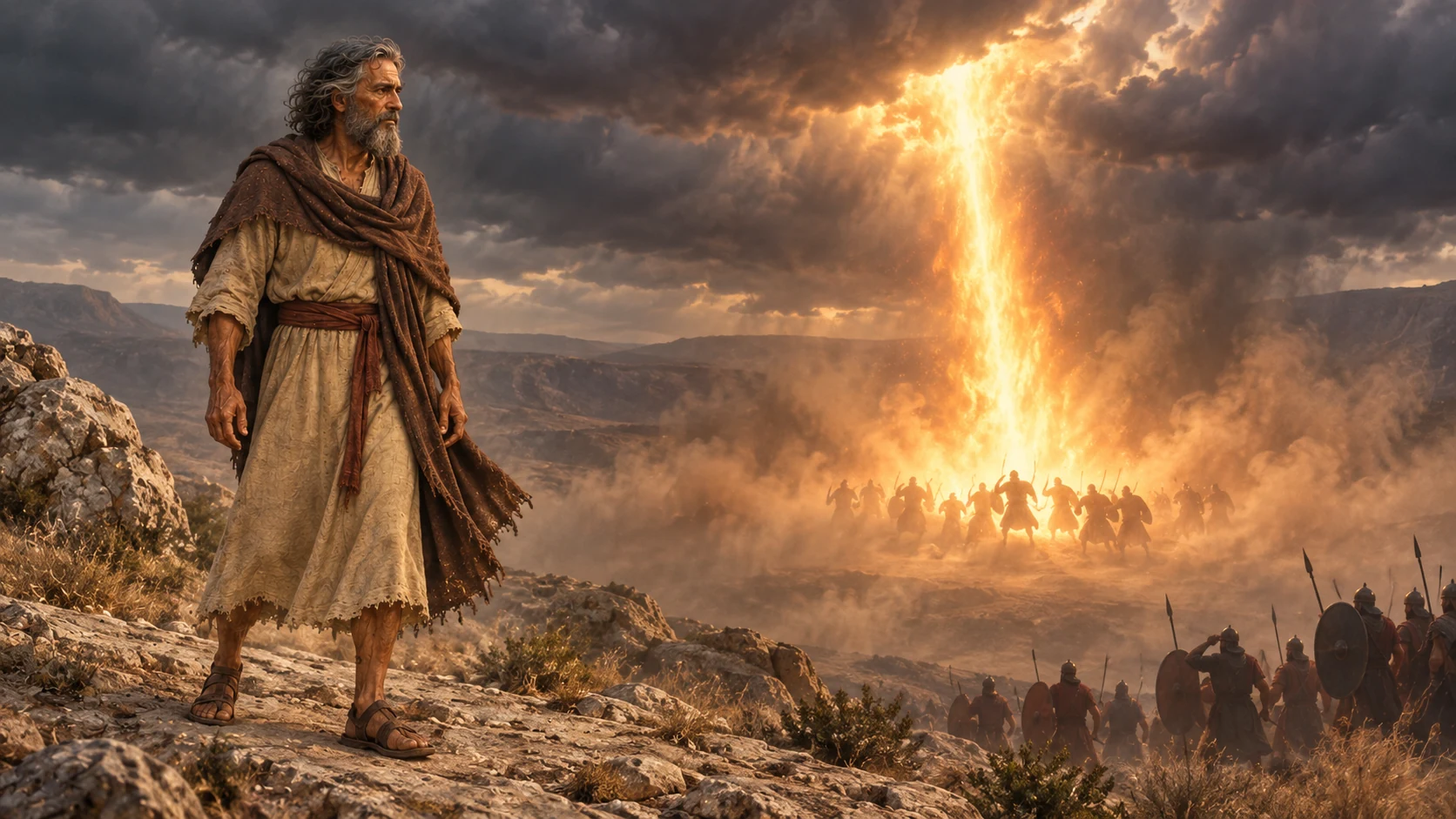 Elijah stands under dark clouds as fire descends on the second company.
