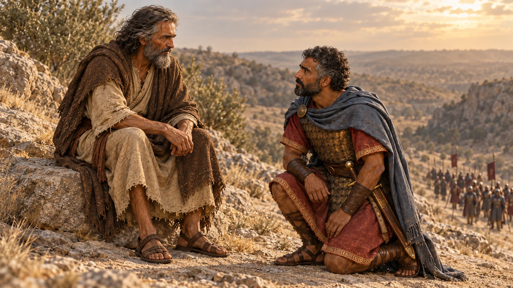 The third captain kneels respectfully before Elijah while his men wait below.