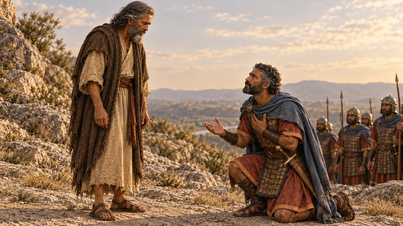 The third captain pleads with one hand over his heart as Elijah listens.