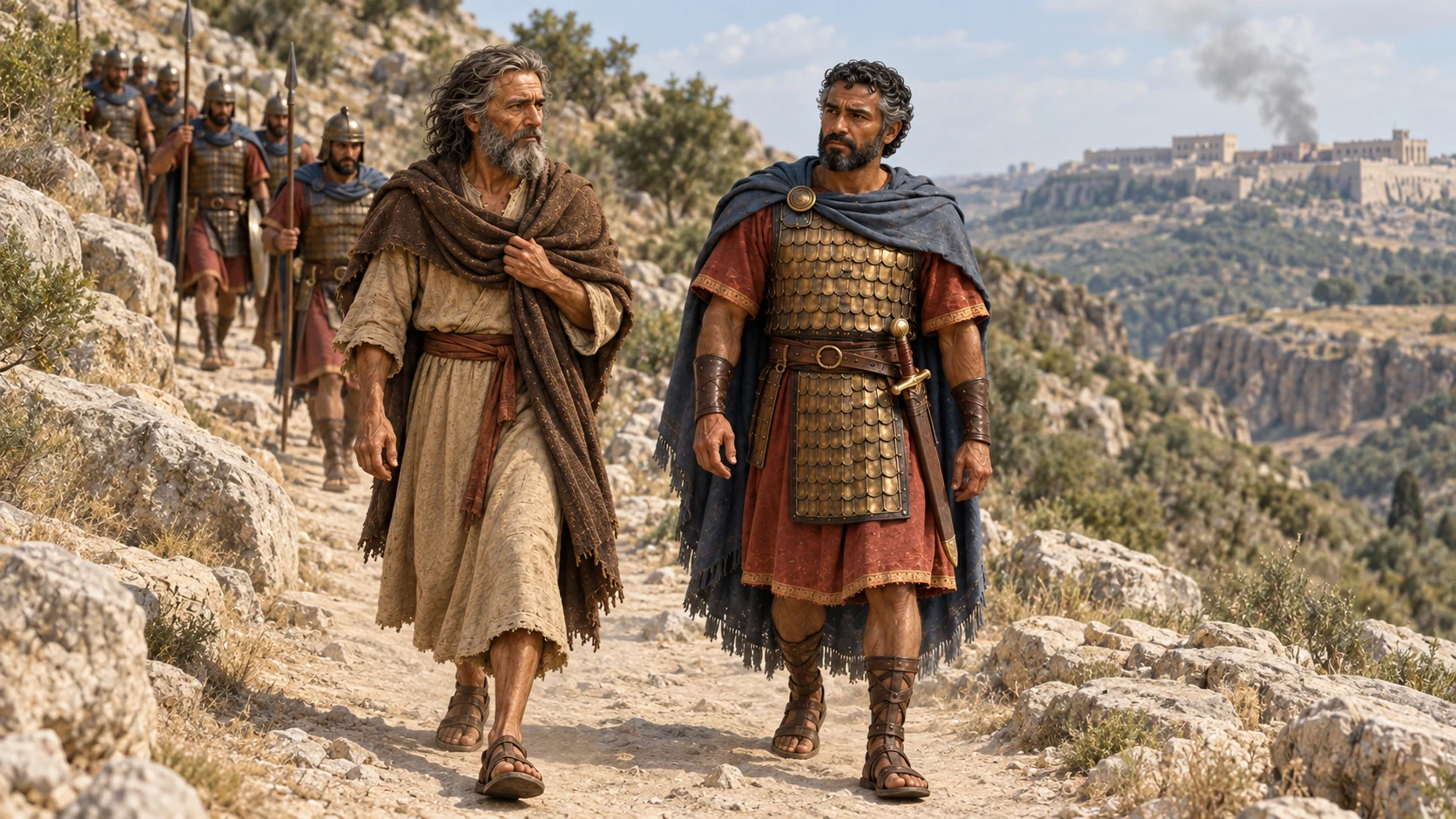 Elijah walks down the hill beside the third captain.