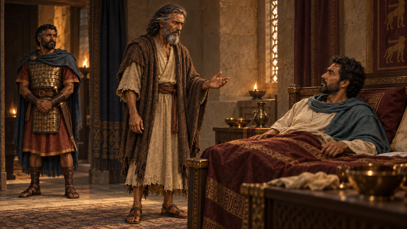 Elijah speaks firmly to Ahaziah while the captain waits at the doorway.