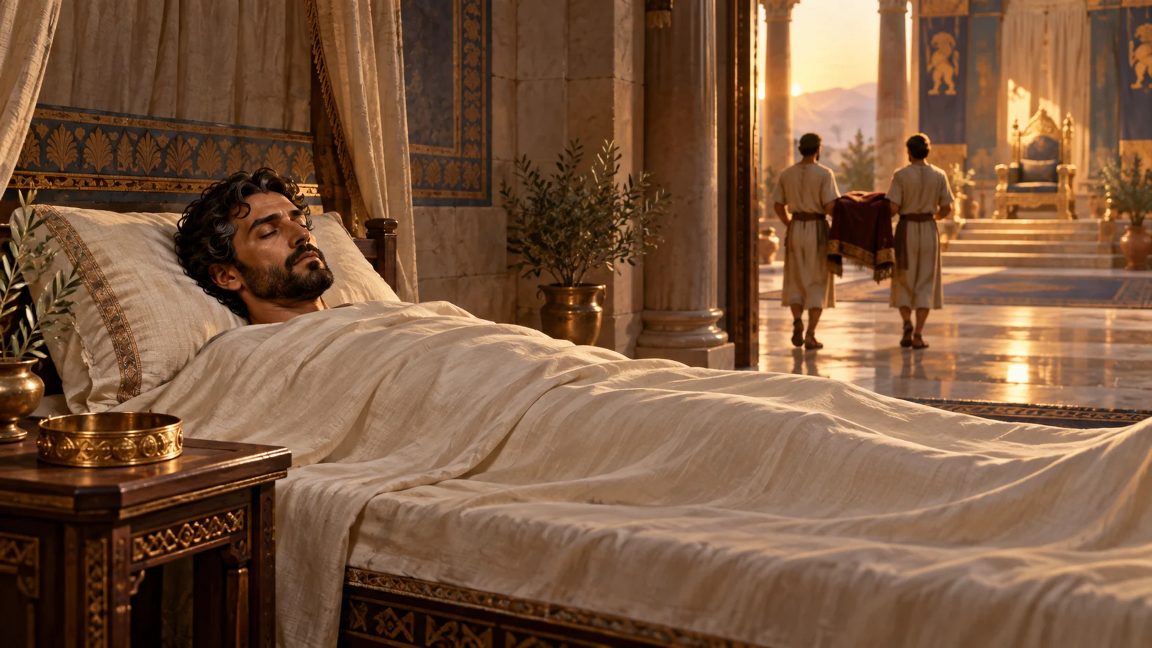Ahaziah lies still under linen as attendants carry the royal mantle away.