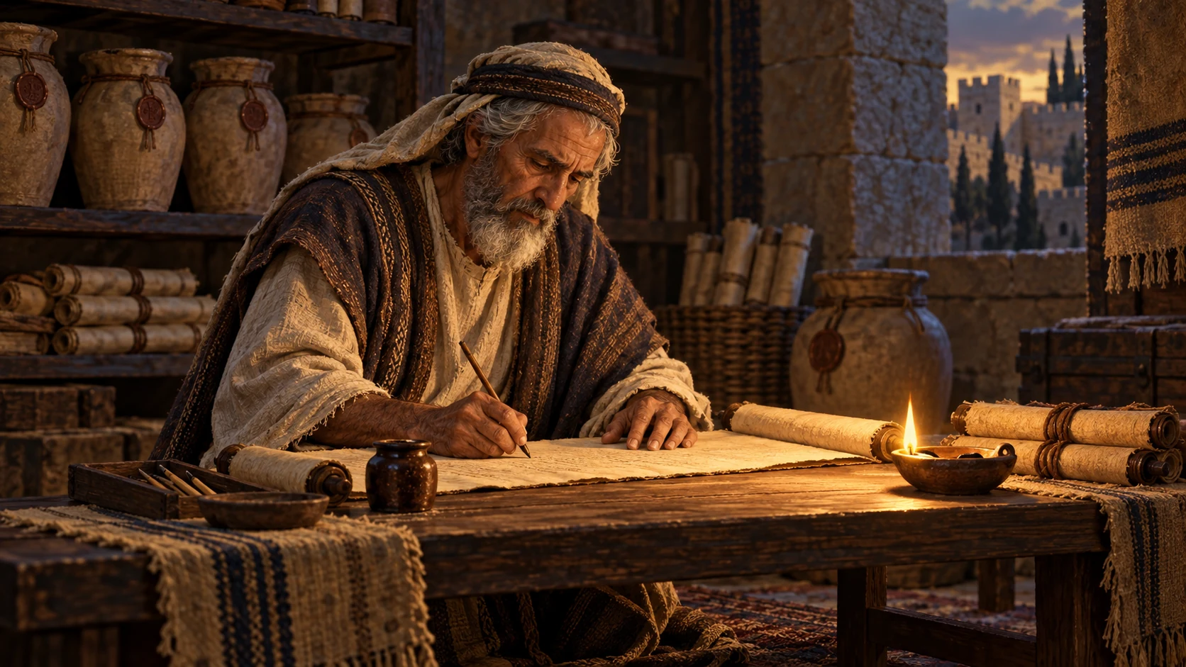 An elderly royal scribe records the closing acts by lamplight.