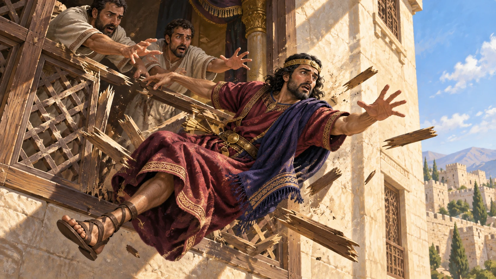 Ahaziah falls through a splintering lattice as attendants reach toward him.