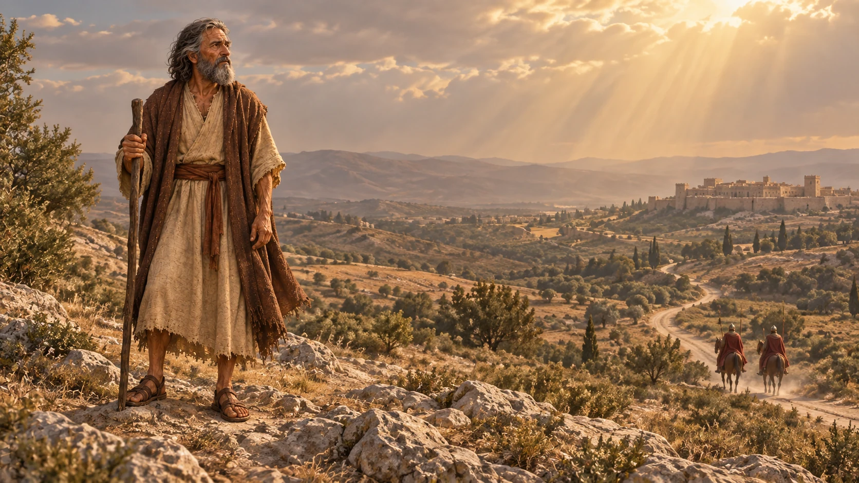 The oldest-era Elijah listens on a ridge while royal messengers travel below.