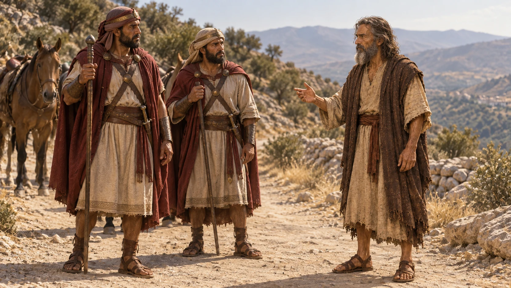 Elijah stops two royal messengers on the mountain road and delivers a warning.