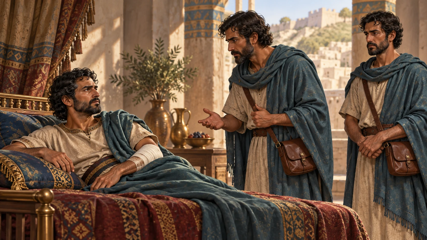 Two messengers report Elijah’s warning beside Ahaziah’s bed.
