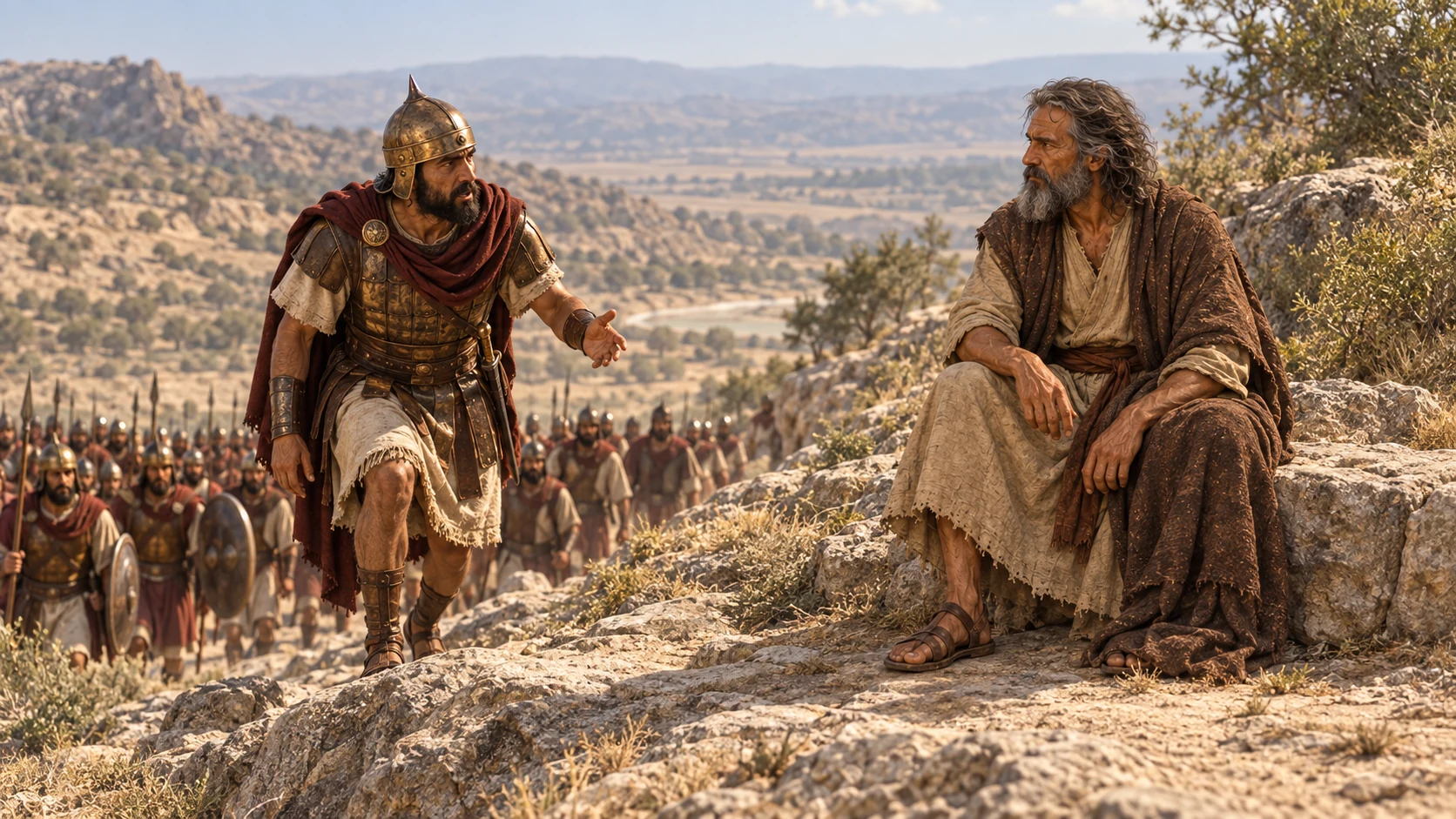 A captain climbs toward Elijah while soldiers wait below.