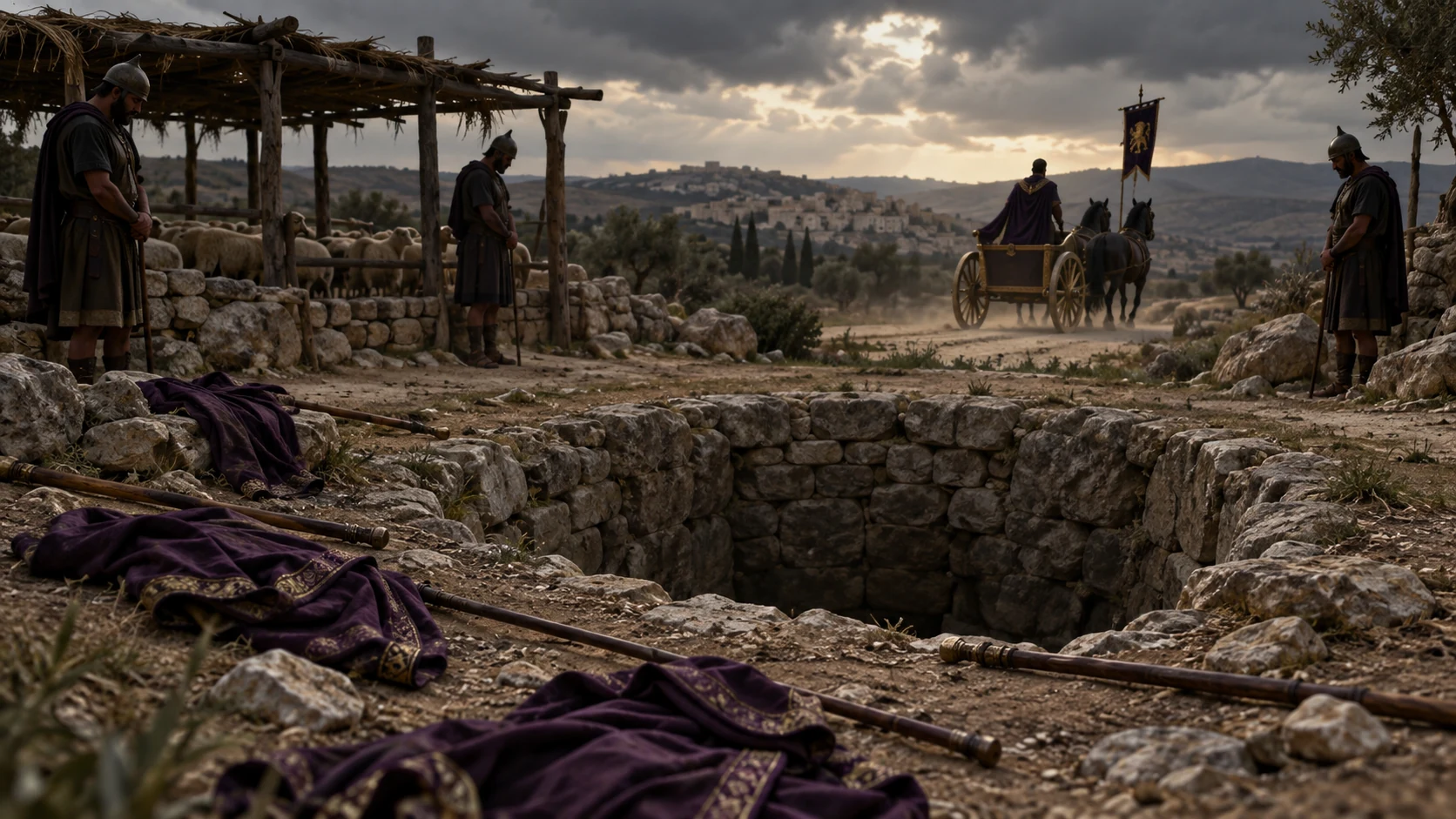 The fate of Ahaziah’s forty-two relatives is represented by an empty pit and discarded travel gear.