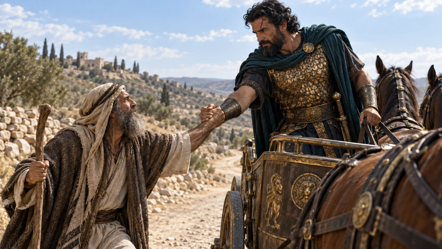 Jehonadab son of Rechab meets Jehu, gives him his hand, and steps into the chariot.